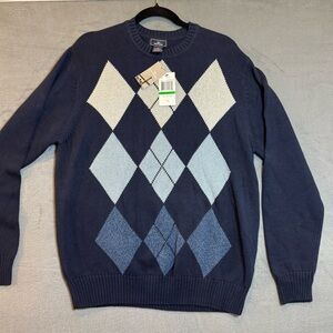 Dockers Men's Blue Argyle Crewneck Sweater, NWT, Size L, 100% cotton